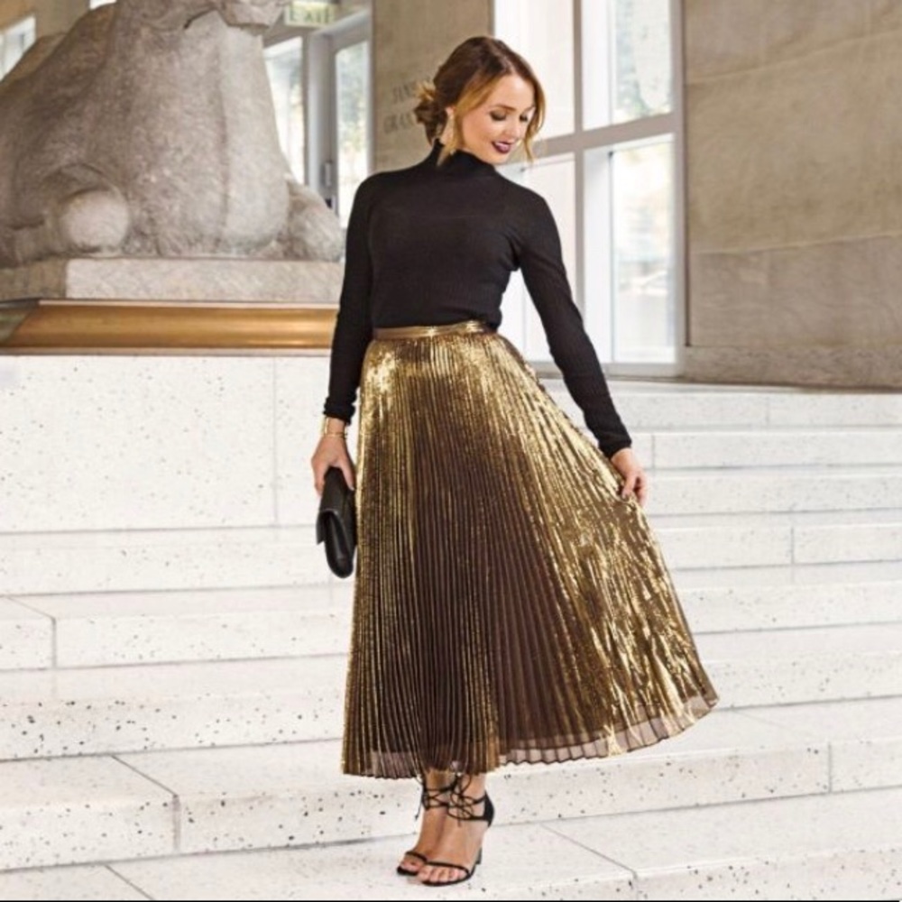 Gold pleated midi skirt